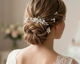 Bridal Hair Set – 3 Combs & 3 Pins with Beige Pearls – Handmade Silver Wedding Hair
