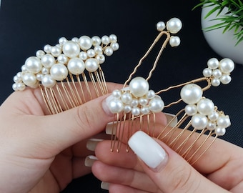 Gold Bridal Hair Set – 3 Combs & 2 Pins – Handmade Wedding Hair Accessories with Pearls