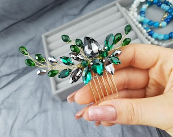Emerald Green Hair Comb, Gold Crystal Vine, Smoky Gray Bridal Accessory, Asymmetrical Wedding Piece