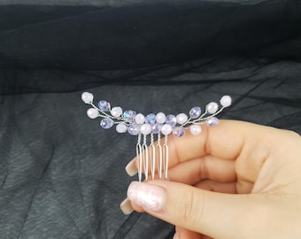 Pink Blue Crystal Hair Comb Bridal Accessory Handmade Jewelry