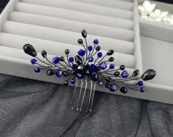 Svartblå kristallhårkam gotisk brudaccessoar mörk bröllopshuvudbonad
