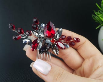 Ruby Red and Gray Crystal Hair Comb