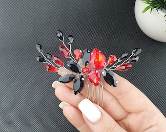 Black and Red Crystal Hair Comb: Gothic Bridal Hair Accessory