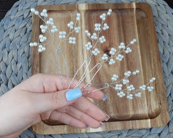 Bridal Hair Pins: Silver Wire & White Bead Wedding Hair Accessories