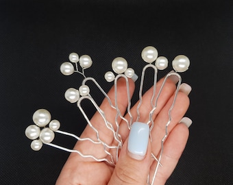 Bridal Hair Pins Set – 6 Silver Pins with Beige Pearls – Handmade Wedding Hair Accessories for Bride or Prom