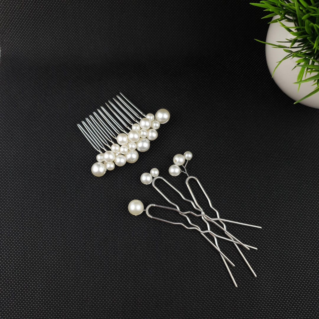 Bride Comb Pin Pearl Hair Set for Bride – Comb & 3 Pins, Silver Bridal Accessories - Etsy