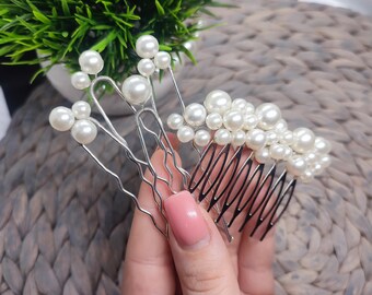 Handmade Pearl Hair Comb and Pins Set: Bridal Silver Wire Hairpiece