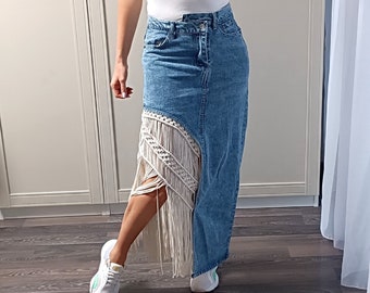 Jeans Macrame rok, Strandrok, Macrame franje rok, Kwastje rok, Kerstcadeau