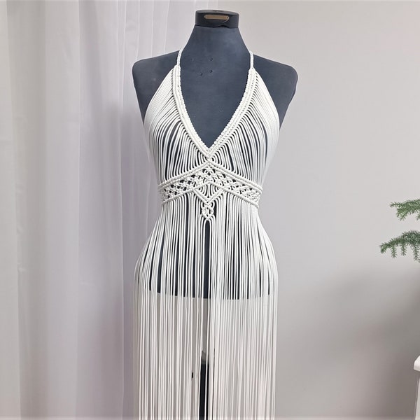 Robe en macramé Snow - Long Fringe Sleeveless Top - Boho Chic - Hippie - Bridal - Beach wedding - Festival fashion - Resort fashion