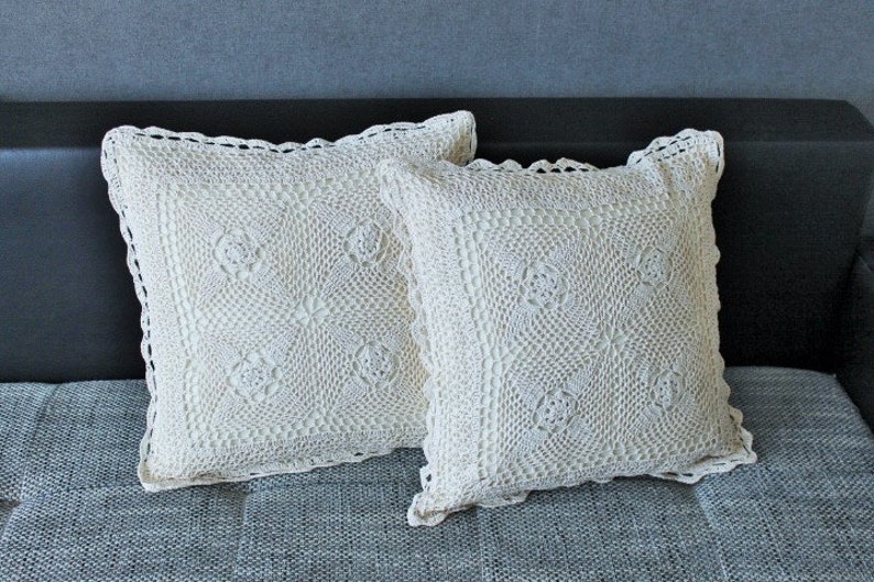 Crochet Pillow covers lace corners 16''x16'' Etsy