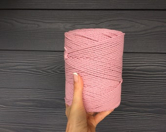 1 kg cotton rope (260 metres)  - 3 mm diameter, Light Pink, twisted Cord for Macrame, knitting and crochet projects, Colored rope