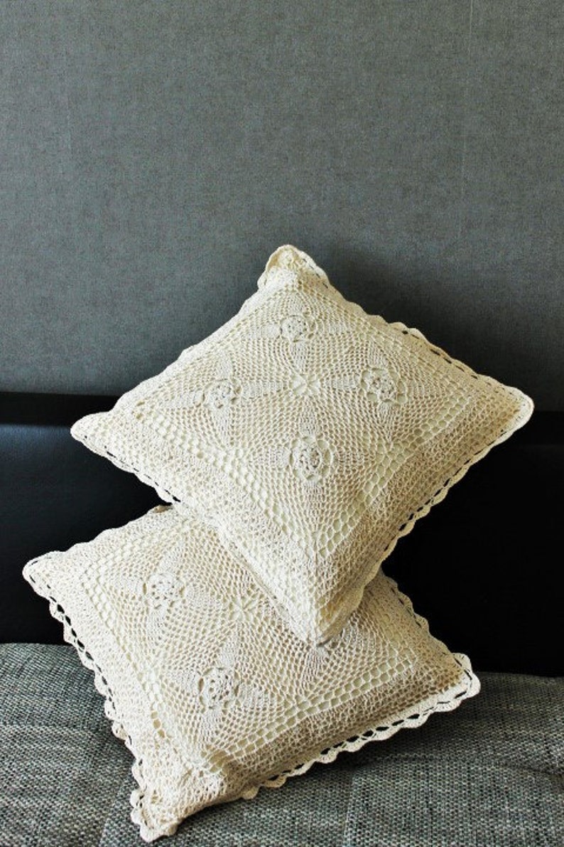 Crochet Pillow covers lace corners 16''x16'' Etsy