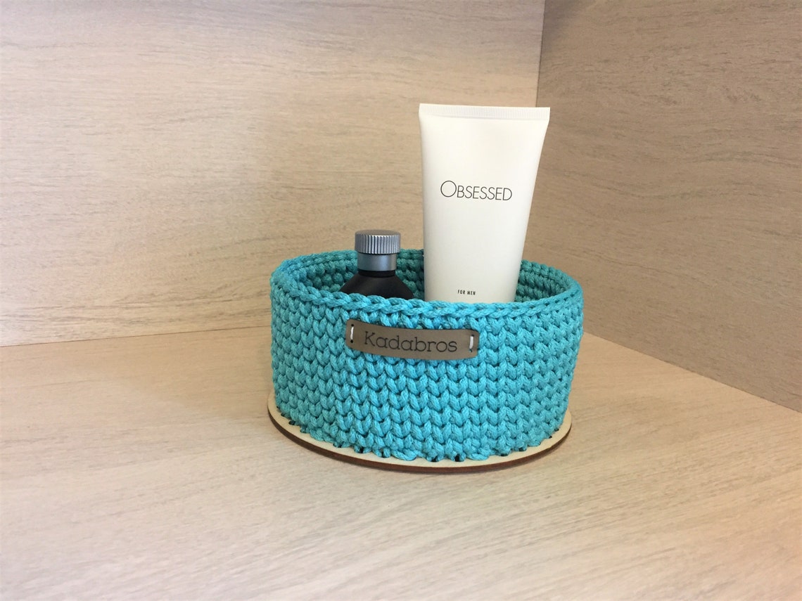 Round Basket Crochet Turquoise Basket Bathroom Kitchen Etsy