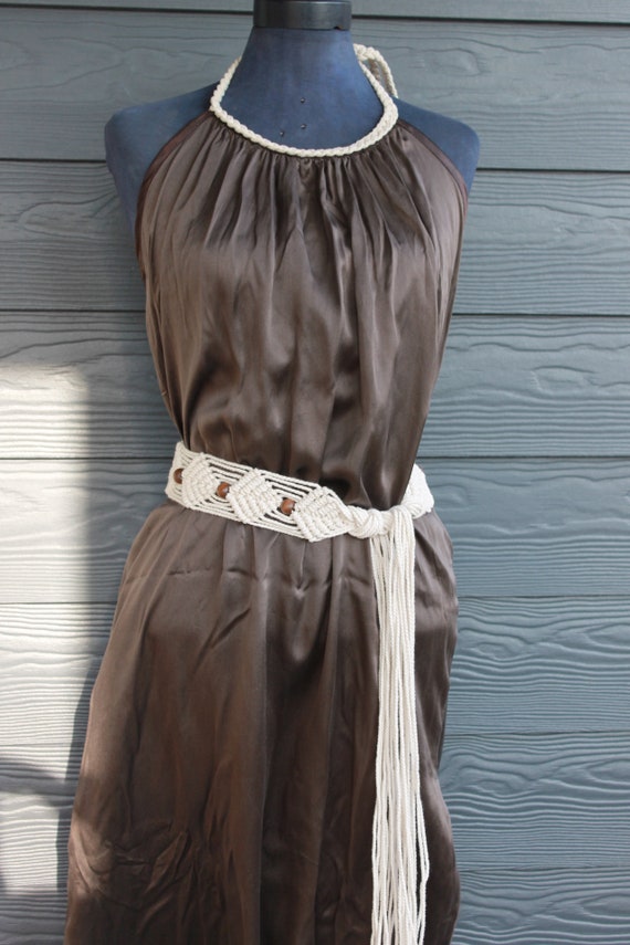 Macrame Belt Woven Boho Hippie Clothes Fringe Sash Vintage Western Macrame Fringe Belt Beige Leather  main image 2