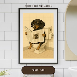 Funny Dachshund Bathroom Art – Dog on Toilet Reading Newspaper – Humorous Vintage Style Wall Decor for Dog Lovers