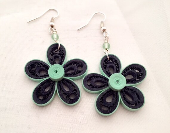 Navy blue and green paper quilling flower earrings | Etsy