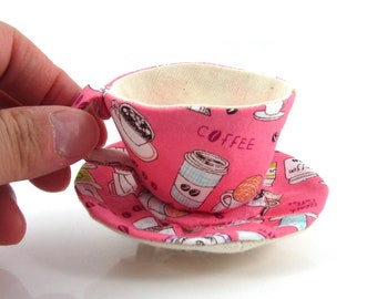 MADE-TO-ORDER ( 1 - 2 Weeks)- Miniature Teacup Hair Clip Slide-Coffee Teacup Print on Pink