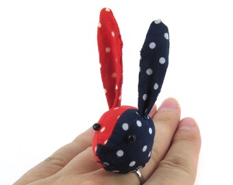 MADE-TO-ORDER ( 1 - 2 Weeks)- Bunny Adjustable Ring-Red Spots and Navy Spots Half