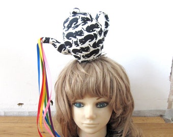 MADE-TO-ORDER ( 1 - 2 Weeks)- Textile Teapot Fascinator-Black Cats on White-Rainbow Ribbons