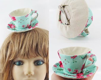 MADE-TO-ORDER ( 1 - 2 Weeks) Textile Teacup Fascinator  (Hair Clip for Children & Adults) -Rose on Aqua Green