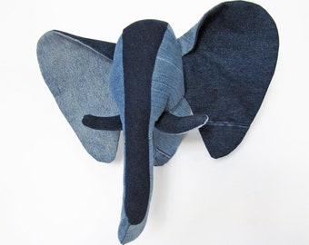 MADE-TO-ORDER ( 1 - 2 Weeks)- Elephant Trophy Head/ Faux Taxidermy /Wall mount head- Upcycled Denim Or  Liberty Patchwork Fabrics