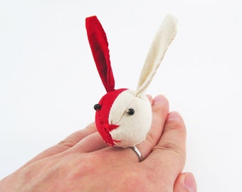 MADE-TO-ORDER ( 1 - 2 Weeks)- Bunny Adjustable Ring-Red & Unbleached colour Half