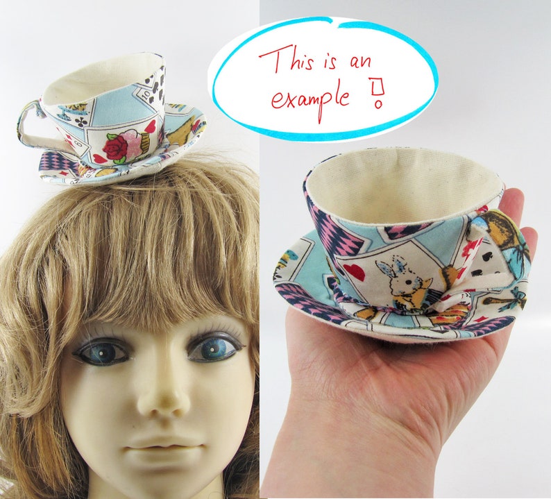 MADE-TO-ORDER 1 2 Weeks Textile Teacup Fascinator Hair Clip Playing Cards Alice in Blue Please allow for slight variances. image 10