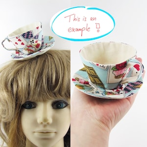 MADE-TO-ORDER 1 2 Weeks Textile Teacup Fascinator Hair Clip Playing Cards Alice in Blue Please allow for slight variances. image 9