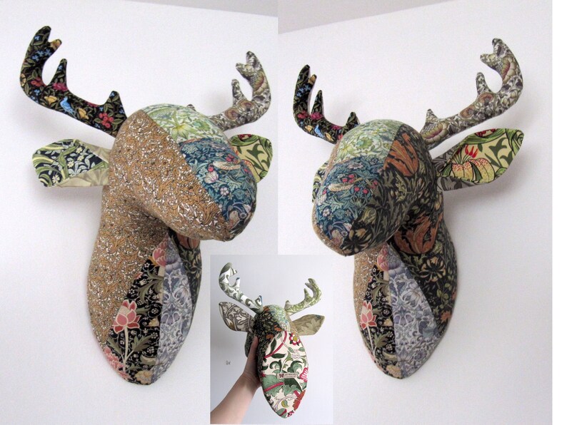 Patchwork Deer Stag Trophy Head/ Deer Faux Taxidermy /wall mount Deer head William Morris/Black/Brown E