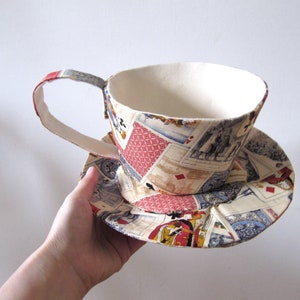 MADE-TO-ORDER 1 2 Weeks Giant Textile Teacup Fascinator Hair Clip Antique Playing Cards Print image 7