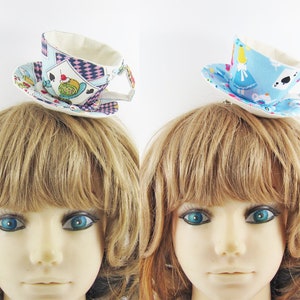 MADE-TO-ORDER 1 2 Weeks Textile Teacup Fascinator Hair Clip Playing Cards Alice in Blue Please allow for slight variances. image 1