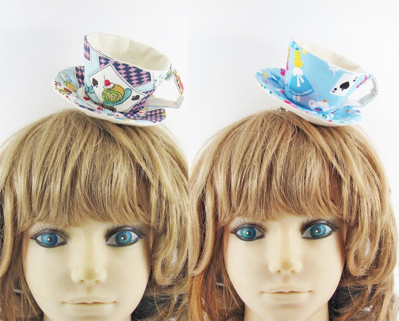 MADE-TO-ORDER 1 2 Weeks Textile Teacup Fascinator Hair Clip Playing Cards Alice in Blue Please allow for slight variances. image 1