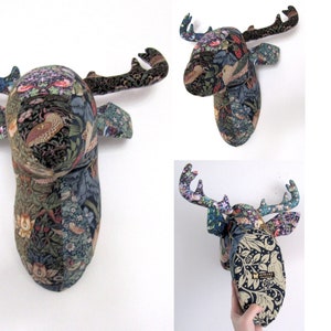 Patchwork Deer Stag Trophy Head/ Deer Faux Taxidermy /wall mount Deer head William Morris/Black/Brown Strawberry Thief