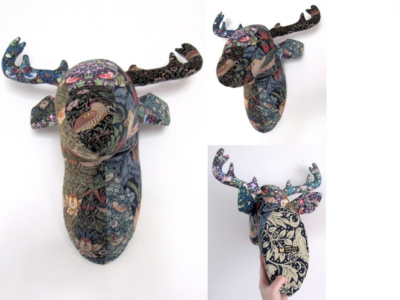 Patchwork Deer Stag Trophy Head/ Deer Faux Taxidermy /wall mount Deer head William Morris/Black/Brown Strawberry Thief