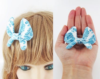 MADE-TO-ORDER ( 1 - 2 Weeks)- Butterfly Bow Barrette-Blue Leaves