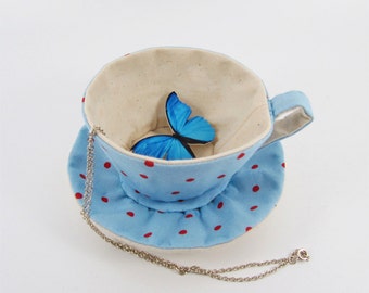 MADE-TO-ORDER ( 1 - 2 Weeks)- Cath kidson Textile Teacup Saucer Ornament-Red Spots on Light Blue