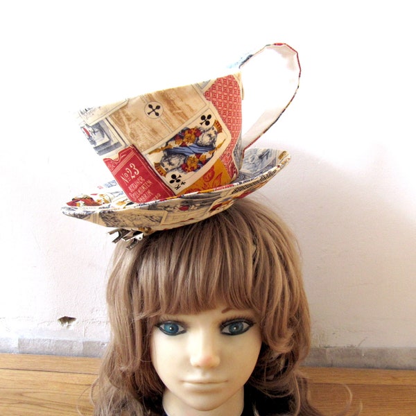 MADE-TO-ORDER ( 1 - 2 Weeks) Giant Textile Teacup Fascinator (Hair Clip) - Antique Playing Cards Print
