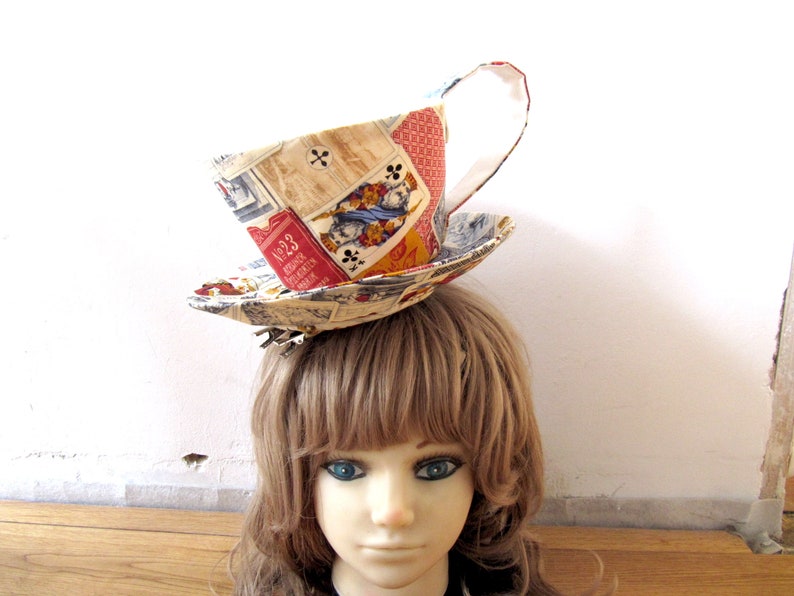 MADE-TO-ORDER 1 2 Weeks Giant Textile Teacup Fascinator Hair Clip Antique Playing Cards Print image 1
