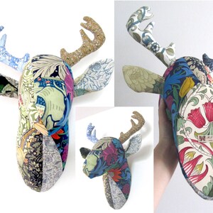 Patchwork Deer Stag Trophy Head/ Deer Faux Taxidermy /wall mount Deer head William Morris/Black/Brown D