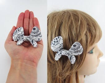 Bow Shaped Butterfly Barrette / Hair Clip- Doilies Print on Dark Grey- Same postage price up to 2kg weight in the UK.