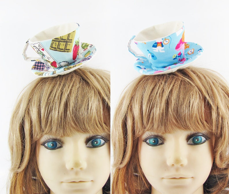 MADE-TO-ORDER 1 2 Weeks Textile Teacup Fascinator Hair Clip Playing Cards Alice in Blue Please allow for slight variances. image 2