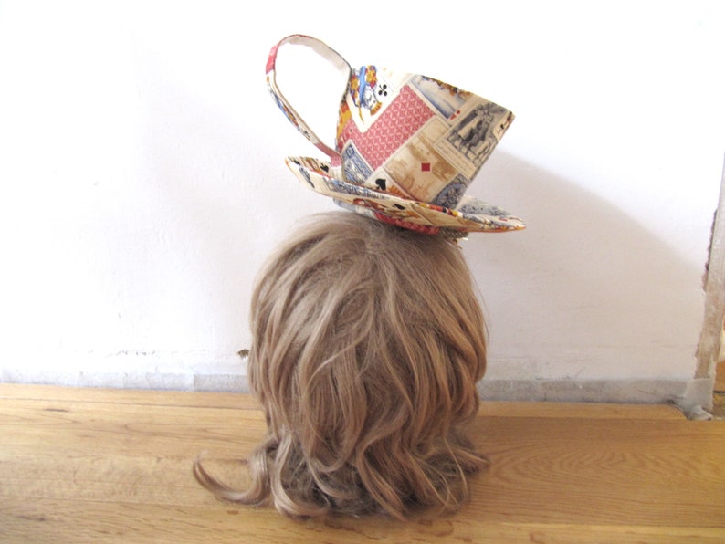 MADE-TO-ORDER 1 2 Weeks Giant Textile Teacup Fascinator Hair Clip Antique Playing Cards Print image 3