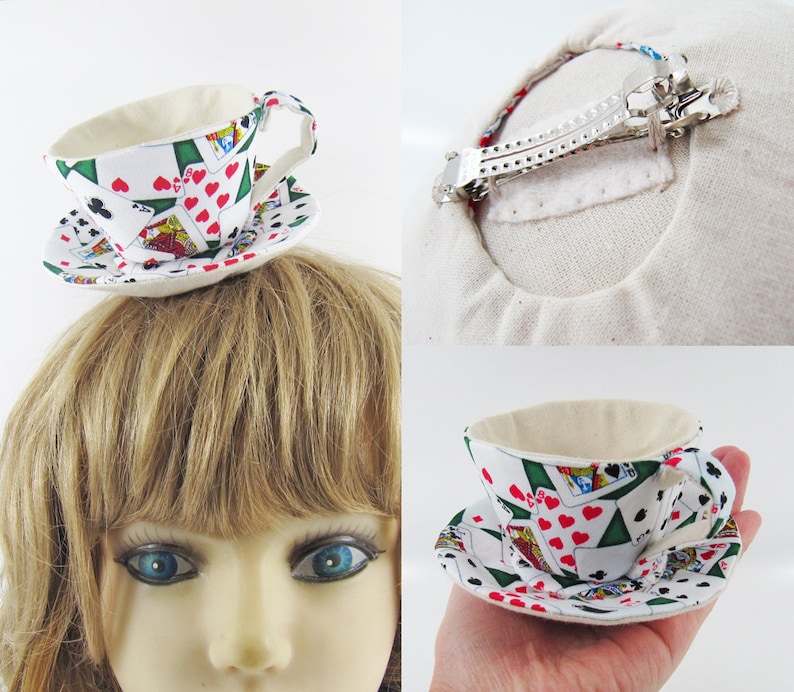 MADE-TO-ORDER 1 2 Weeks Teacup Fascinator Hair Clip for Children & Adults Playing cards Please allow for slight variances. image 7