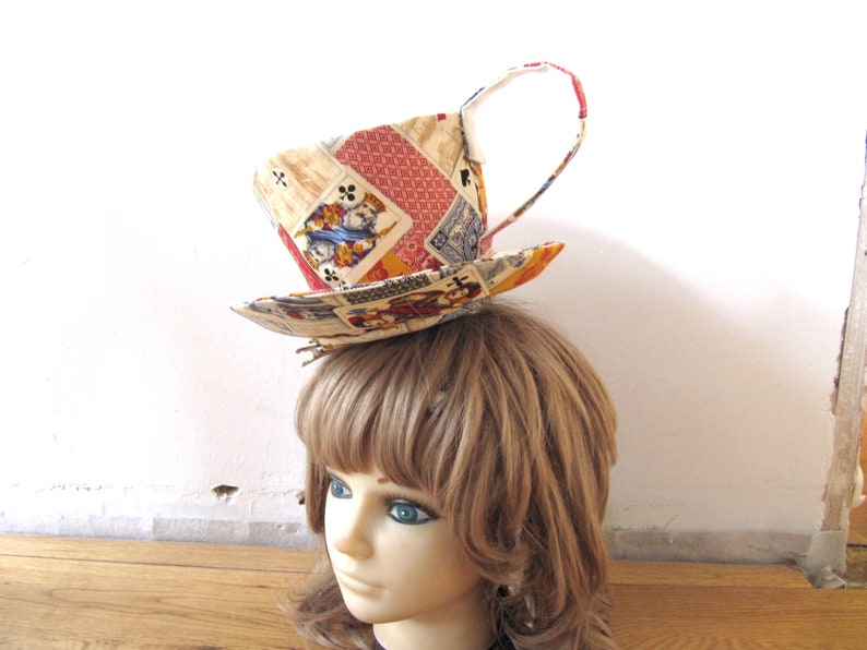 MADE-TO-ORDER 1 2 Weeks Giant Textile Teacup Fascinator Hair Clip Antique Playing Cards Print image 2