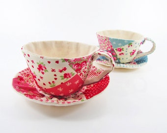 MADE-TO-ORDER ( 1 - 2 Weeks)- Textile Teacup Saucer Ornament-Patchwork Print Red or Blue