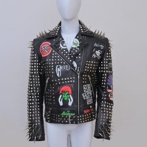 Spiked & Studded Leather Biker Jacket: 80s Vintage Punk Rock with Patches