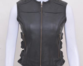 Zwart rundleer dames motorvest: slim fit bikerjack