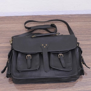 Handmade Black Leather Laptop Bag Gift for Him