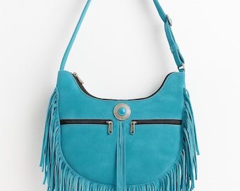 Bolso con flecos turquesa hecho a mano: bolso bandolera bohemio de ante