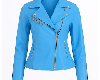 Women’s Blue Leather Biker Jacket – Genuine Slim Fit Handmade Moto Style Coat